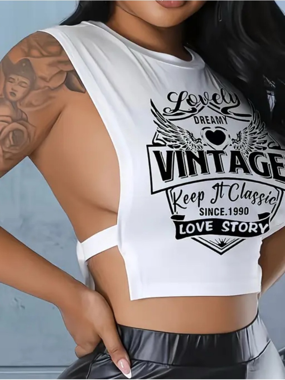 Vintage Graphic Cutout Crop Tank Top - White